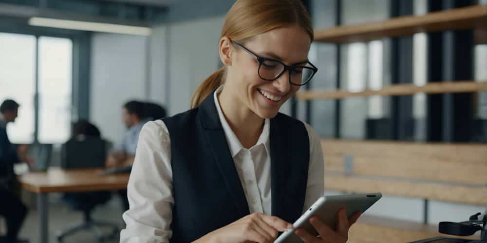 Business woman on tablet device to accompany blog article: Revisiting the Consumerisation of Succession Planning – it’s time to change